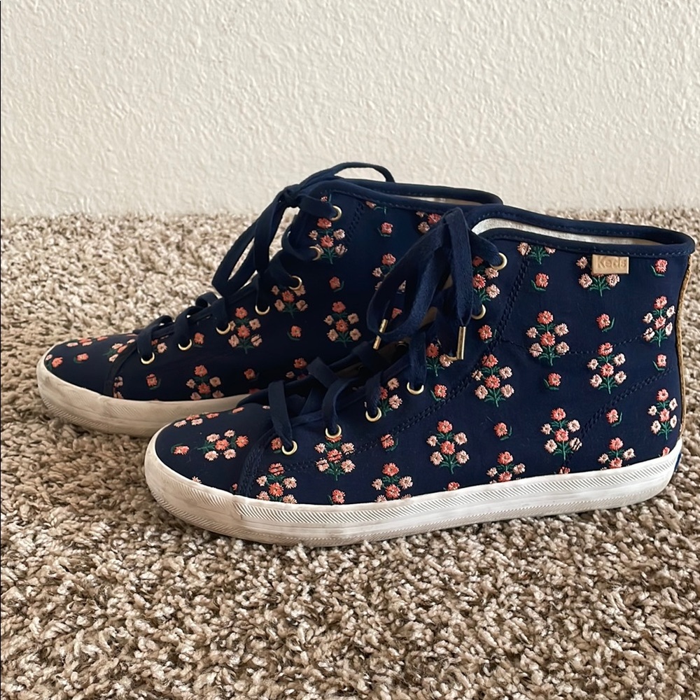 Rifle Paper Co. Navy High-Top Sneakers with Pink Floral Embroidery